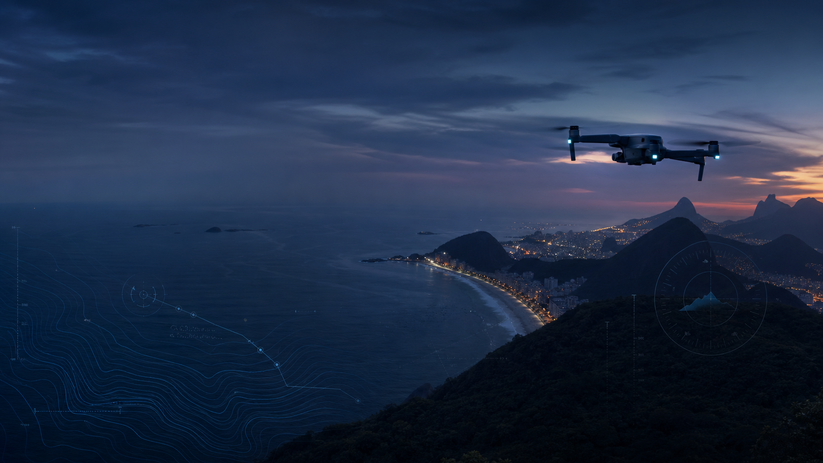 Drone em operação ao entardecer